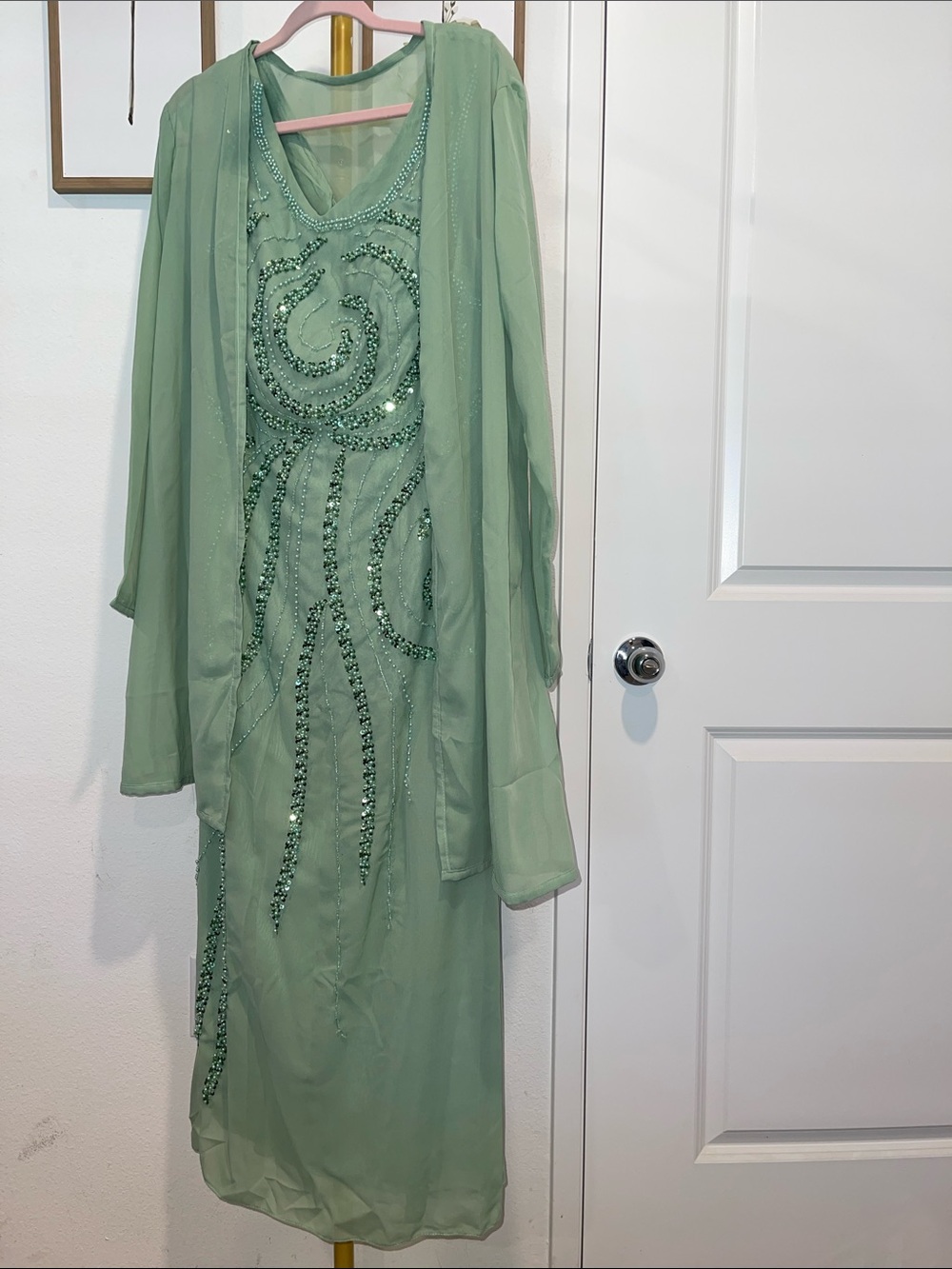 Seafoam Green Beaded Evening Dress with Sheer Overlay